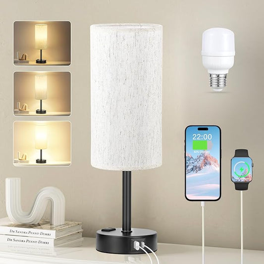 Light Beige Table Lamp for Nightstand - 3 Way Dimmable Bedside Lamp for Bedroom with USB C A Charging Ports and AC Outlet, Small Desk Lamp with Black Base for Living Room, Office, LED Bulb Included by Fenmzeelighting