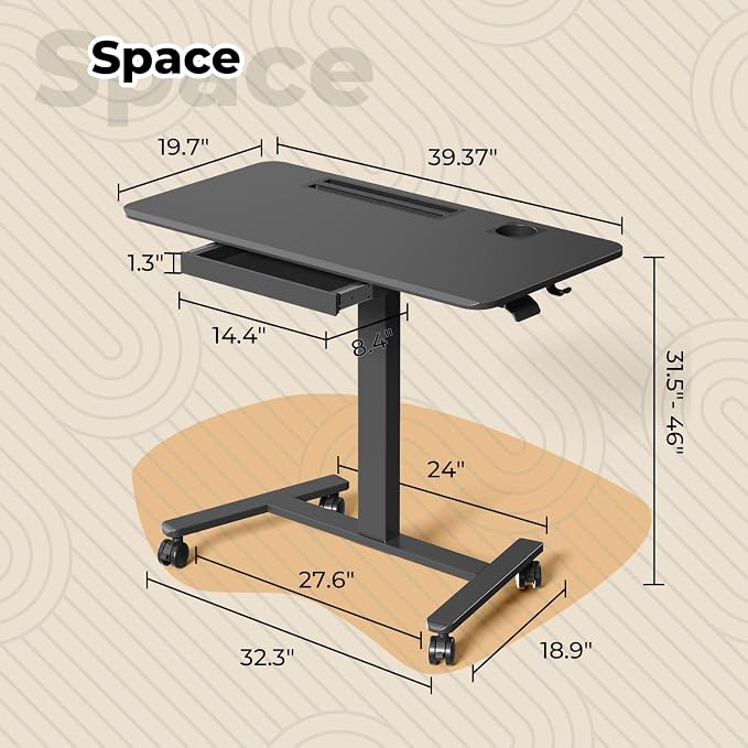 40"×20" Mobile Desk with Drawer, Rolling Desk with Storage | Height Adjustable Portable Laptop Desk on Wheels, Small Computer Desk with Cup Holder and Hooks for Study & Work, Black - Image 2