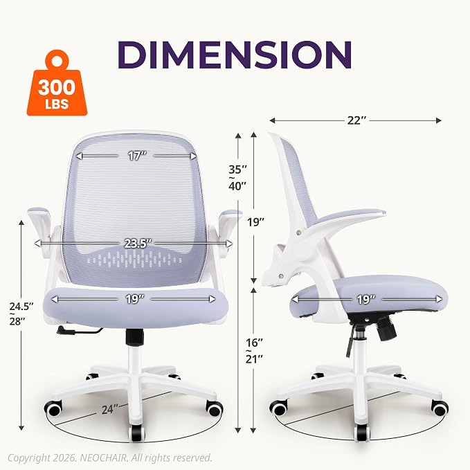 NEO CHAIR Office Desk Gaming Ergonomic Computer Chair with Lumbar Back Support Adjustable Height Swivel Rolling Wheels Flip-up Arms Mesh Chair for Home Vanity (Purple) | Lumbar Support, Height Adjustment, 360° Swivel and Rolling Base, Space-Saving Desi... - Image 2