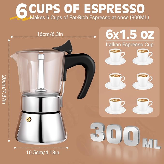 6 Cup 300ml Glass Moka Pot, Stovetop Espresso Maker, Silver | Crystal Glass-top & Stainless Steel Coffee Maker, Induction Compatible, for Greca de Cafe, Cuban and Italian Coffee Brewing - Image 5