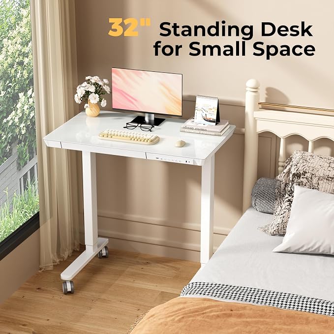 32" Glass Standing Desk with Drawer, Small Electric Desk | Height Adjustable Quick Install One-Piece Tabletop with USB Charging Ports, Sit Stand Computer Desk for Compact Space, White - Image 3