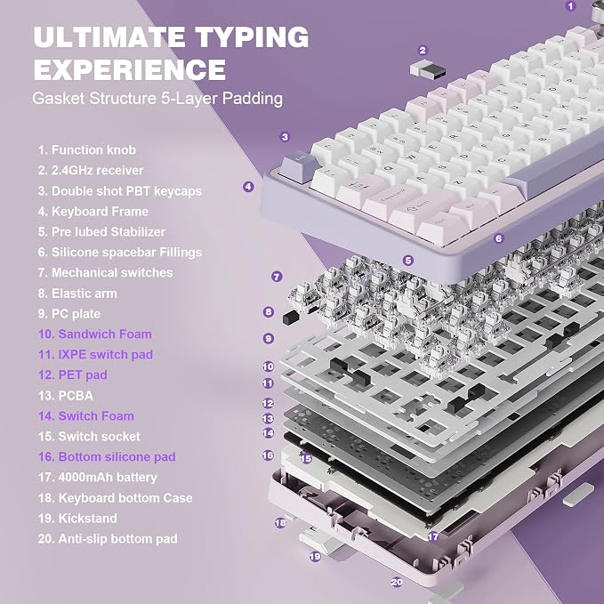 YUNZII B75 PRO 75% Wireless Mechanical Keyboard (Purple, Milk Switch) | Hot Swap Keyboard with Knob, Gasket Mount, Creamy Pre-lubed Switch for Smooth Typing, BT/USB-C/2.4G, for Gaming - Image 4