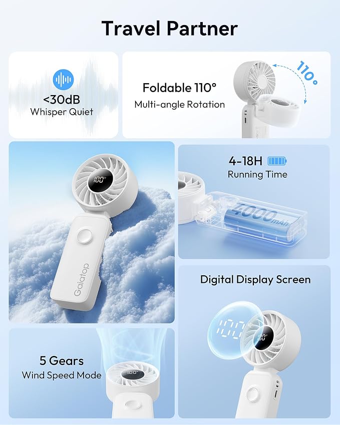 Gaiatop Portable Handheld Fan, 5 Speed Rechargeable Battery Max 18 Working Hours, 3 IN 1 Neck/Desk/Hand Fan Cooling for Travel, Beach, Women/Men Outdoor Activities Gifts - White - Image 2