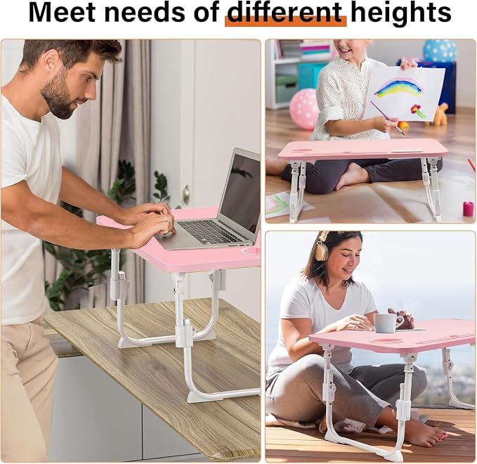 Lap Desk for Bed, Adjustable Laptop Desk with USB Charging Port, Storage Drawer & Bookshelf — Foldable Bed Desk for WFH & Students, 23.6" Desktop Fits 20" Laptop, Non-Slip, Pink - Image 6