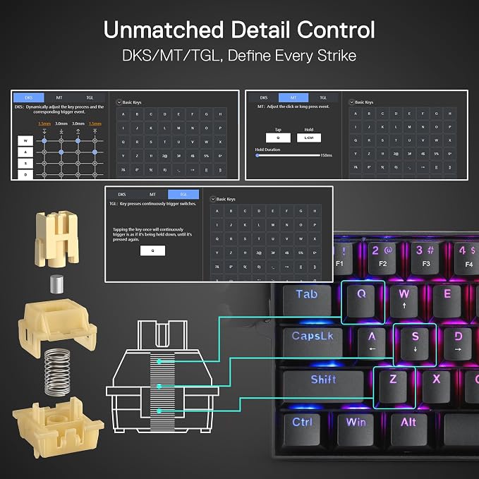 Redragon K617 HE Wired Hall-Effect Rapid Trigger Magnetic Gaming Keyboard | 8K Polling Adjustable Actuation, 61 Keys Design for More Room to Aim, Swap-Ready Socket for Mod, RGB Pro Software Supported - Image 6