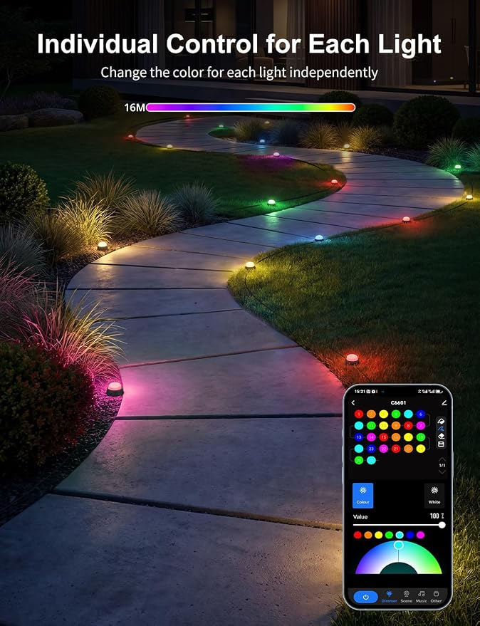 APPECK Outdoor Ground Lights 32 Pack, 100FT RGBW Pathway Lights Wired | 2200K Warm White Landscape Lighting, IP65 Waterproof, Color Changing, Garden Lawn Path, Holiday Decor, App/Remote Control - Image 3