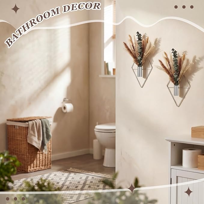 Jexine 4 Pcs Hanging Planters with Artificial Pampas Chrome Silver Metal Hanging Vase Indoor Plants Holder Modern Geometric Boho Bathroom Wall Decor for Living Room Home Office - Image 8