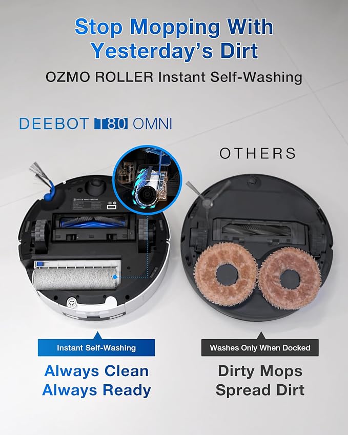 ECOVACS DEEBOT T80 Omni Robot Vacuum and Mop, Instant Self-Cleaning OZMO Roller Mop, TruEdge Deep Cleaning, AI Navigation, 18,000Pa Suction and ZeroTangle 3.0 for Pets and Carpets - Image 5