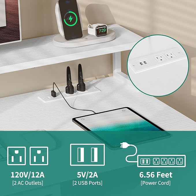 DWVO Office Desk with Drawers, 47" Computer Desk with Power Outlets & LED Light, Home Office Desk with Storage & Monitor Stand, White | Built-In Power Outlets, Led Light, Monitor Stand, Storage Space, For Home Office Study, Easy Assembly - Image 5