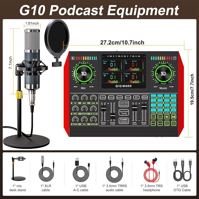 Podcast Microphone Bundle with Live Sound Board Audio Mixer, Podcast Equipment Bundle with 3.5mm Condenser Microphone(P15) for Pc/Phone Live Streaming Singing Gaming, Voice Changer, Denoise - Image 2