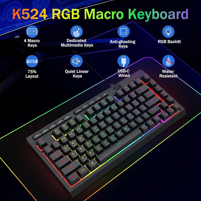 Redragon K524 75% Wired Gaming Keyboard, RGB Backlit, Whisper-Quiet, Black | Membrane Keyboard with Programmable Macro and Multimedia Keys, Anti-ghosting, Spill Resistant,Compact for Win/MAC/PS/Xbox - Image 2