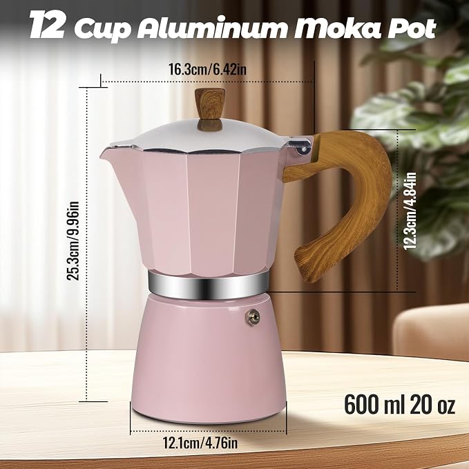 12 Cup Aluminum Moka Pot Classic Stovetop Espresso Coffee Maker 600ml 20oz Coffeemaker Percolator Mocha Pot Greca Coffee Maker Cafe Makers for Italian and Cuban Café Brewing Pink - Image 2