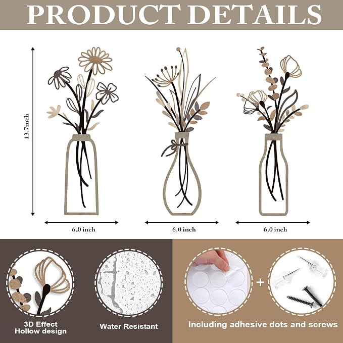Pigort 3 Pieces Metal Flowers Wall Arts - Rustic Farmhouse Style Décor Metal Wall Art Black Minimalist Flower Natural Themed Wall Decors for Home Bedroom Dining Room Housewarming (Brown) - Image 2