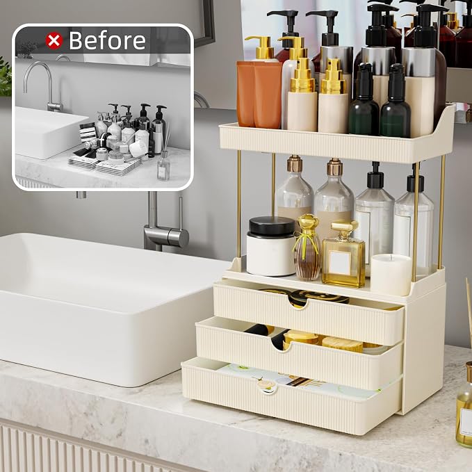 StorBin Arcylic 5-Tier Makeup & Skincare Organizer for Vanity, Bath | Smooth 3 drawers, clear body, gold frame, non-slip, for perfumes, serums, face masks, palettes, vanity & bath counter,white - Image 7