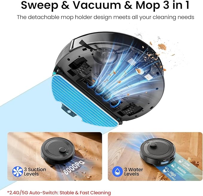 Lefant Robot Vacuum and Mop Combo,75-Days Self-Emptying,6000Pa Powerful Scution,Multi-Floor Mapping, No-Go Zones,140 Min Runtime,2.4G/5G WiFi/Alexa/APP/iWatch, M2 Plus Black - Image 5