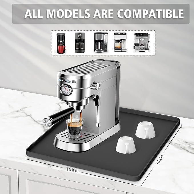 Silicone Coffee Mat 16"x16", Single Piece Anti-Vibration Under Coffee Maker Mat, Non-Slip Espresso Machine Mat with 10mm Raised Edge, Noise Reduction Countertop Protector, Fits Breville Ninja Keurig - Image 3