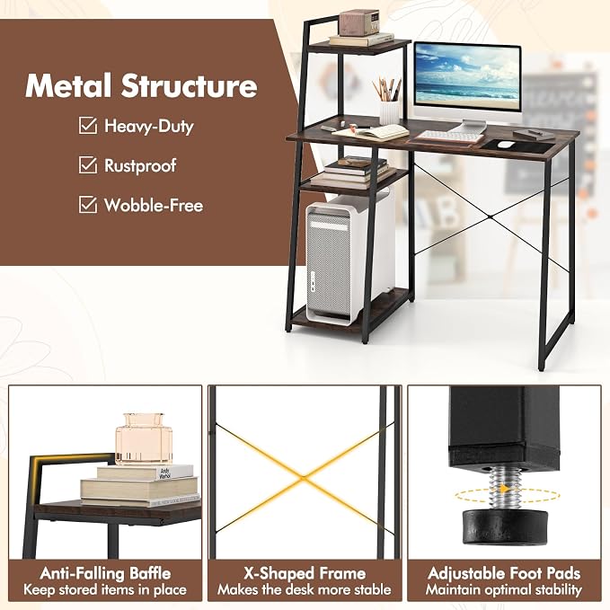 Giantex Computer Desk with Shelves, 47.5” Home Office Desk with Bookshelf, Host Stand, Metal Frame, PC Laptop Workstation, Modern Study Writing Desk for Bedroom, Small Space (Rustic Brown & Black) - Image 5