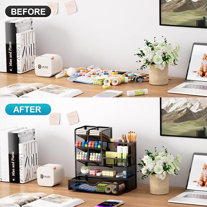 Marbrasse Mesh Pen Holder for Desk, Multi-Functional Pencil Organizer with Drawer, Desk Organizers and Accessories for Office Art Supplies (Black) - Image 3