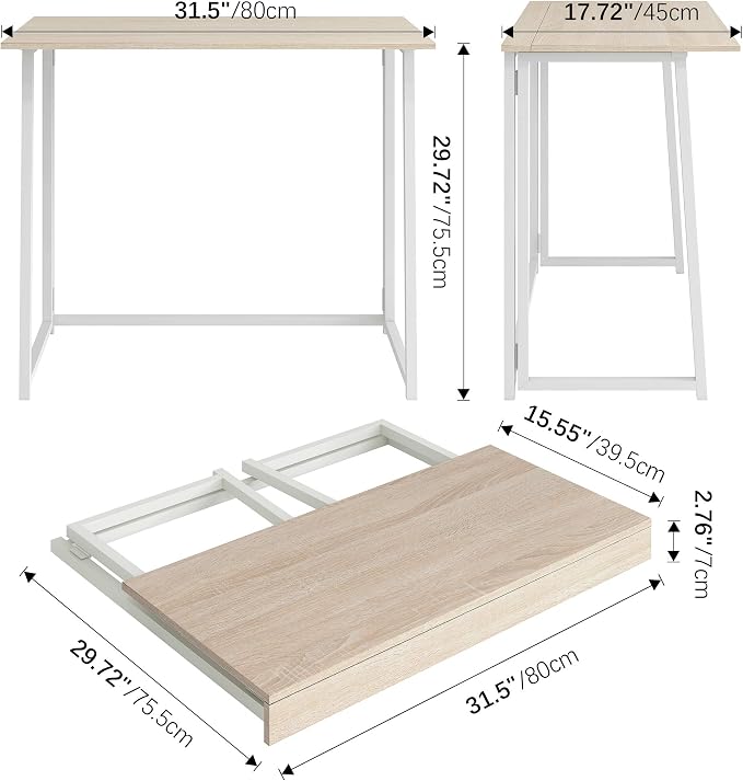 4NM 31.5" Small Folding Desk, Foldable Computer Home Office Desk, Study Writing Table for Small Space Saving Bedroom, Easy Assembly - Natural and White - Image 3