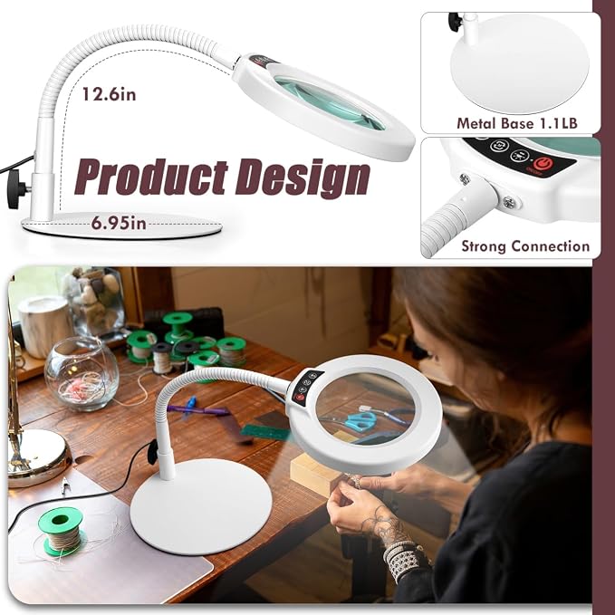 10X Magnifying Glass with Light and Stand, 5 Color Modes Stepless Dimmable LED Lighted Desk Lamp, Hands Free Flexible Gooseneck Magnifier with Light for Craft Hobby Painting Close Work - White - Image 4