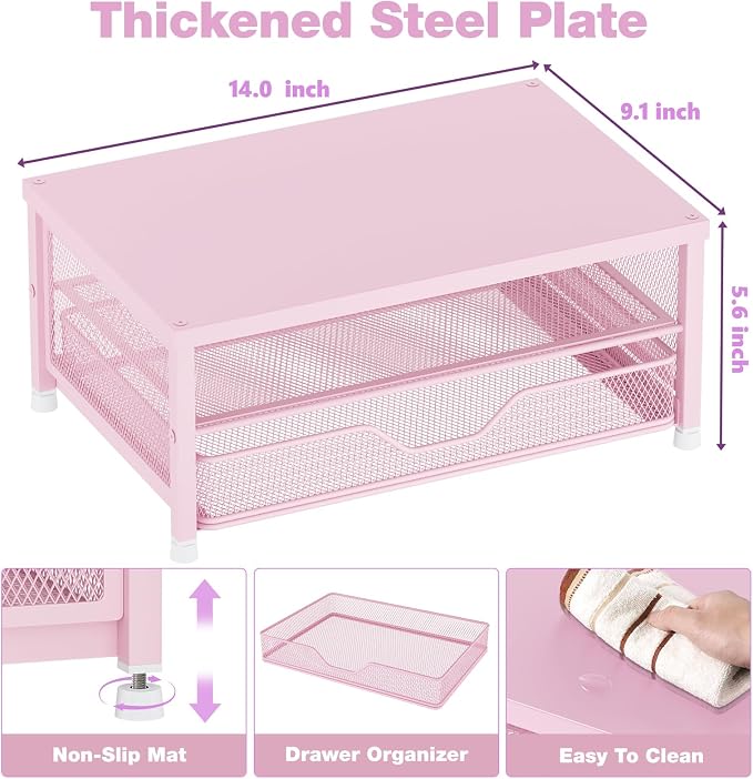 OPNICE Computer Monitor Stand Riser, Desk Organizer with Drawer, Printer & Laptop Stand, Office Desk Accessories & Workspace Desktop Organizers Storage for Office Supplies(Pink) - Image 2
