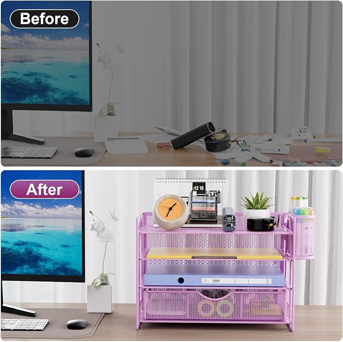 Marbrasse Desk Organizer, 4-Tier Paper File Letter Tray, Purple-2P | Sturdy Paper Tray, File Holder, Built-in Drawer, 2 Pen Slots, fits Letters/Files, for School Home Office Supplies - Image 2