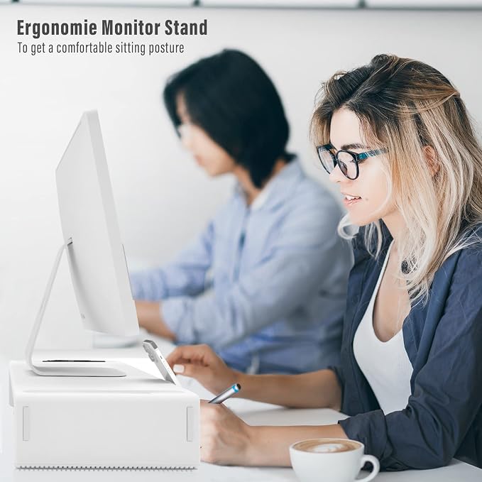 OImaster Monitor Stand Riser with Drawer - Adjustable Foldable Computer Monitor Stand for Desk, Desktop Organizer with Phone Holder & Pen Slot, Space Saving Laptop Riser for Home Office, White - Image 6
