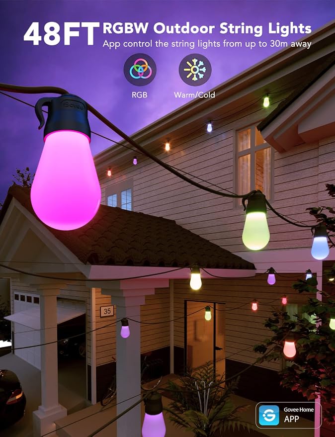 Govee Smart Outdoor String Lights H7015, 48ft RGBIC Outdoor Lights with 15 Dimmable LED Bulbs, IP65 Waterproof, Color Changing Warm White Lights with 47 Scene Modes for Patio, Backyard, App Control | 15 Dimmable LED Bulbs Outdoor Lights with Color Chan... - Image 2