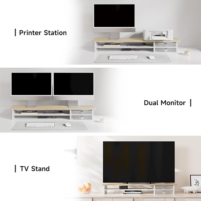 Fenge Monitor Stand, Dual Monitor Riser, 42.5inch Large Desk Computer Monitor Stand Riser with Drawer, 2 Tier Wood & Acrylic Desktop Organizer for Computer, Laptop, Printer, TV Screen Riser - Image 8