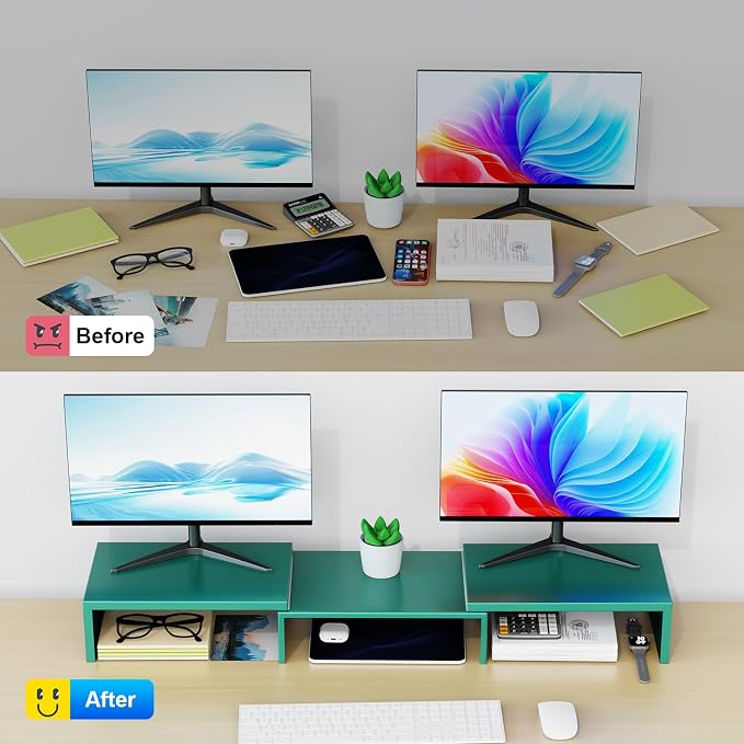 Dual Monitor Stand for Desk, Metal Computer Stand, Desk Shelf Riser,Desktop Organizer for Home and Office Use (Green) - Image 2