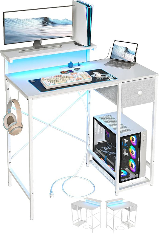 X-cosrack 33.5" Small Computer Desk with Monitor Stand & Outlets, Small Gaming Desk with LED Light & CPU Stand, Teen Study Writing Table with Storage Drawer, Side Hooks for Bedroom, Home Office White by X-cosrack