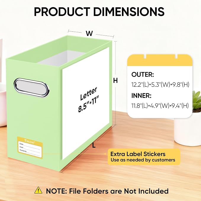 BALEINE File Organizer Box, Cardboard File Folder Organizer with Handle for Letter Size, Portable Collapsible Hanging Filing Box for Home Office Document Storage (2 Pack, Green) - Image 3