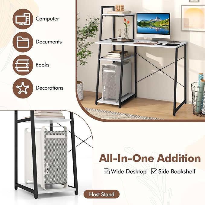 Giantex Computer Desk with Shelves, 47.5” Home Office Desk with Bookshelf, Host Stand, Metal Frame, PC Laptop Workstation, Modern Study Writing Desk for Bedroom, Small Space (White & Black) - Image 5