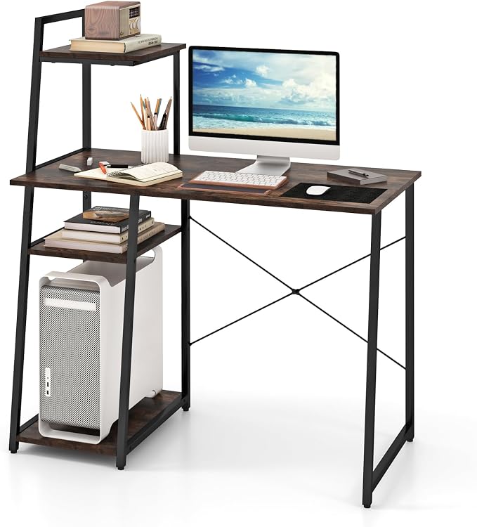 Giantex Computer Desk with Shelves, 47.5” Home Office Desk with Bookshelf, Host Stand, Metal Frame, PC Laptop Workstation, Modern Study Writing Desk for Bedroom, Small Space (Rustic Brown & Black) by Giantex