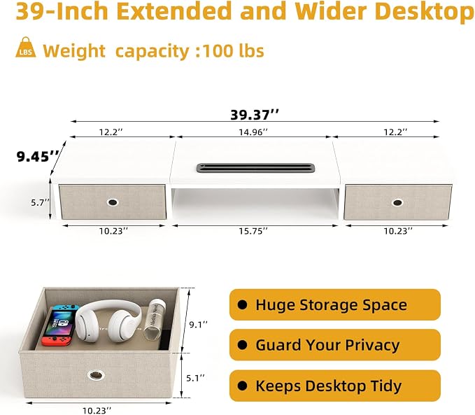 39 Inch Dual Monitor Stand Riser with 2 Drawers - Large White Wooden Computer Stand for 2 Monitors, Ergonomic Desk Organizer with Phone Holder, Desktop Storage for Laptop, Office Supplies, Home Office - Image 7