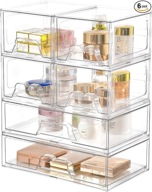 Stebopum 6 Pack Stackable Storage Drawers Clear Acrylic Organizer Makeup Bathroom Organizer and Storage Bins for Beauty Supplies,Ideal for Vanity, Bathroom,Pantry Organization by Stebopum