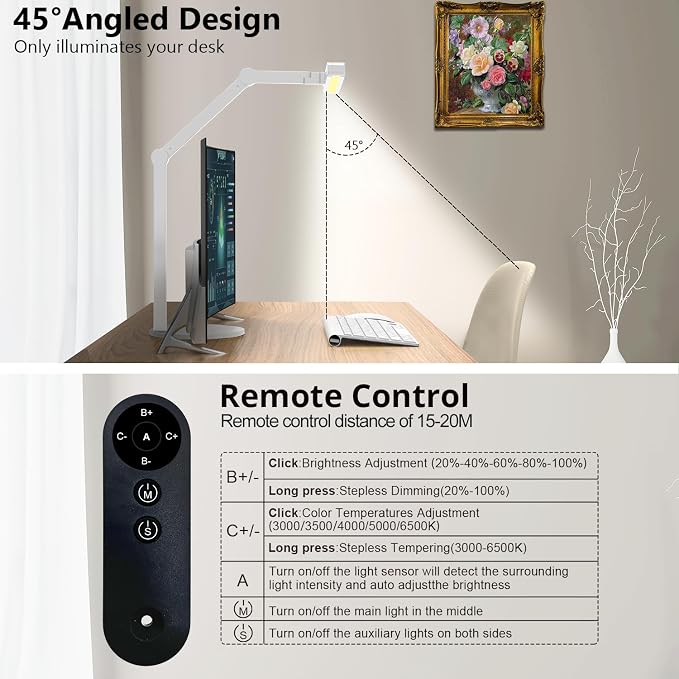 Micomlan Architect Desk Lamp for Home Office, 24W Adjustable Led Desk Light with Remote, 1500LM Bright Dimmable Computer Table Light Rotatable Office Lamp with Base for Cafting Monitor - Image 4