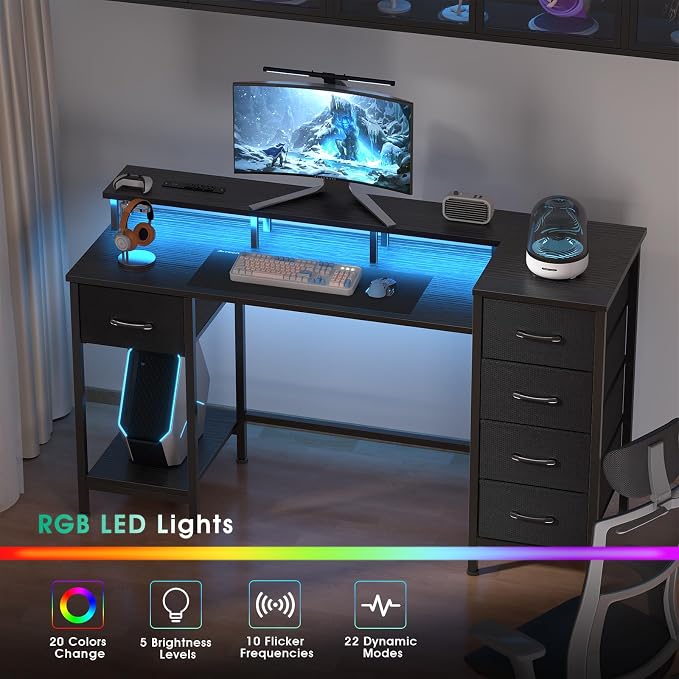Korfile 55 Inch Gaming Computer Desk with Power Outlets,LED,5 Drawers,Black | For gaming and working,built-in power outlets and LED lights,5 fabric storage drawers, fits 55-inch, monitor stand,,black - Image 7