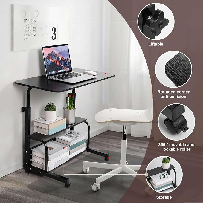 Adjustable Height Mobile Computer Desk for Small Space Rolling Writing with Wheels Corner Home Office Study Portable Bedrooms Work Desk Standing Desk Sizes 31.5X15.7 Inches Black C - Image 4