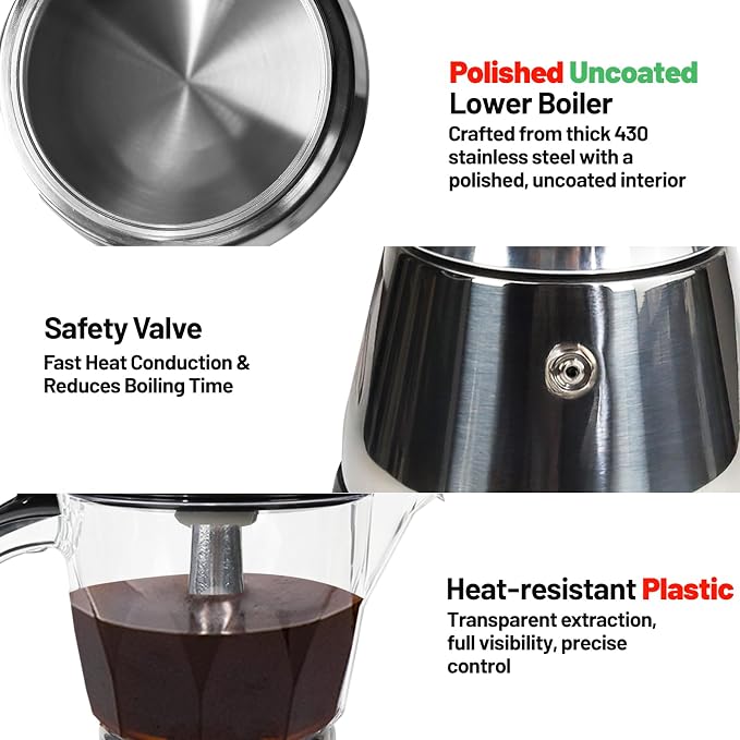 Electric Plastic Clear Moka Pot 3-6 Cup 150-300ml Mocha Pot | Stainless Steel Espresso Maker with Detachable Base Ideal Coffee Maker for Home Italian and Cuban Café Coffeemaker Black - Image 6