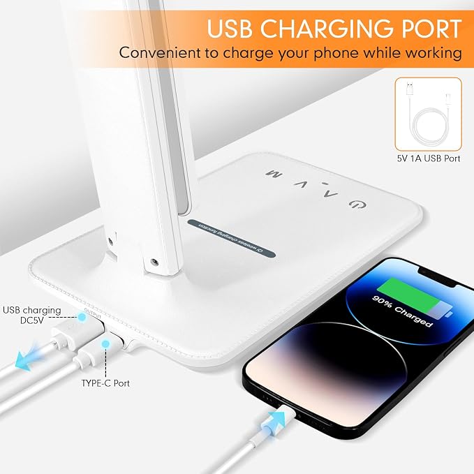 White crown LED Desk Lamp with 15W Wireless Charger & USB Port, Dimmable Table Lamp with 5 Lighting Modes, Sensitive Touch Control, Foldable & Portable Desk Light for Home, Office, Bedroom, Reading - Image 5