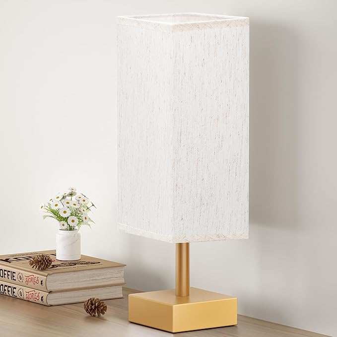 aooshine Gold Small Table Lamp - Bedside Lamp for Bedroom, Minimalist Nightstand Lamp with Square Fabric Shade, Desk Lamp for Kids Room Dorm | Inline Rocker Switch, Corded Electric, Bulb Not Included, 12.8" Mini Table Lamp for Nightstand, Desk, Dorm, O... by Aooshine