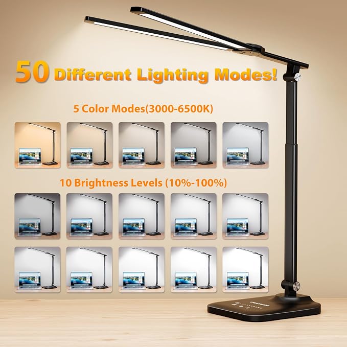 CHARYJOD LED Desk Lamp for Office Home, Height Adjustable Architect Desk Light with USB Adapter, Stepless Dimming Desk Lamp Light for Reading, Study, Workbench - Image 4