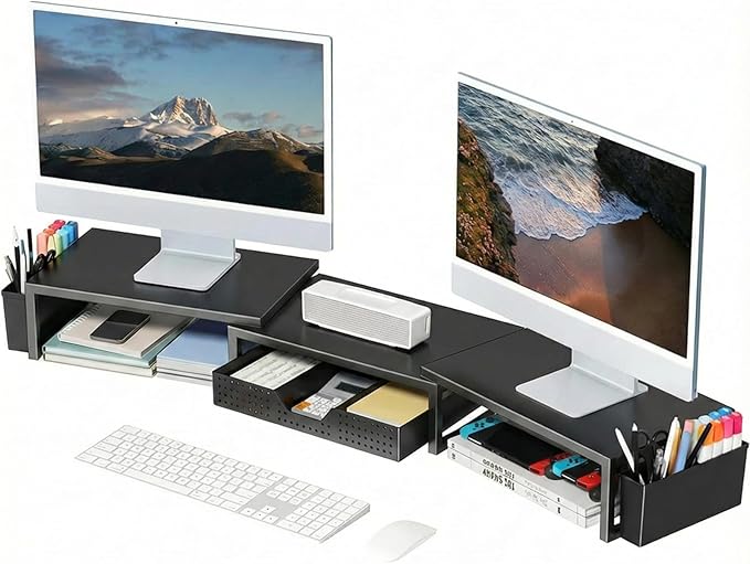 OPNICE Desk Organizers and Accessories, Dual Monitor Stand Riser with Drawer and 2 Pen Holders, Desk Shelf Metal Computer Racks for Office Workspace Organizers, Desktop Organization (Black Metal) by OPNICE