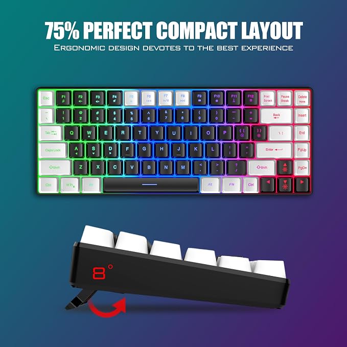 RedThunder K84 Wireless Keyboard and Mouse Combo, Rainbow Backlit Rechargeable Battery, 75% Layout TKL Ultra Compact Gaming Keyboard & Lightweight 3200 DPI Honeycomb Optical Mouse (Black-White) - Image 6