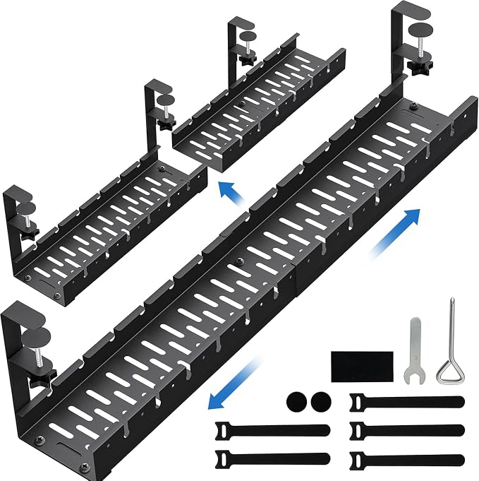 No Drilling Extendable Under Desk Cable Management, Metal Cable Management Tray Under Desk with Clamp, Retractable Power Strip Cord Holder for Wire Management 31Inch(1 Pack Black Extendable 31') by BIWIST