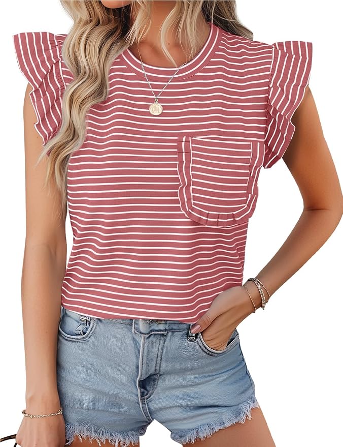 JUSTFASHIONNOW Womens Summer Tops Striped T-Shirts 2026 Ruffle Short Sleeve Crew Neck Casual Blouses with Pocket - Image 2