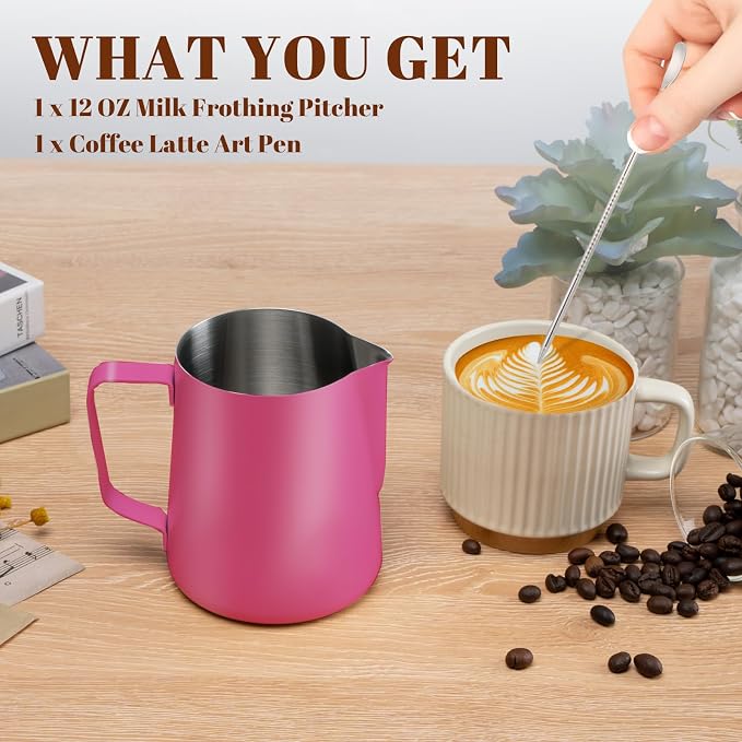 Amrules Milk Frothing Pitcher, 12 oz Milk Frother Cup with Clear Scale, 304 Stainless Steel Cappuccino Espresso Machine Accessories for Barista Coffee Bar with Latte Art Pen, Rose Red - Image 3
