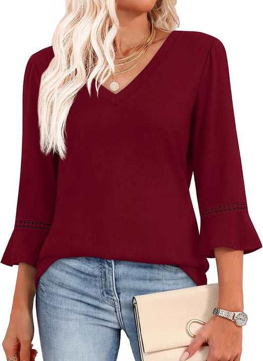 WIHOLL Womens Blouses Dressy Casual 3/4 Length Sleeve Tops Lace Trendy 2026 Spring Summer V Neck Shirts Vacation Outfits by WIHOLL
