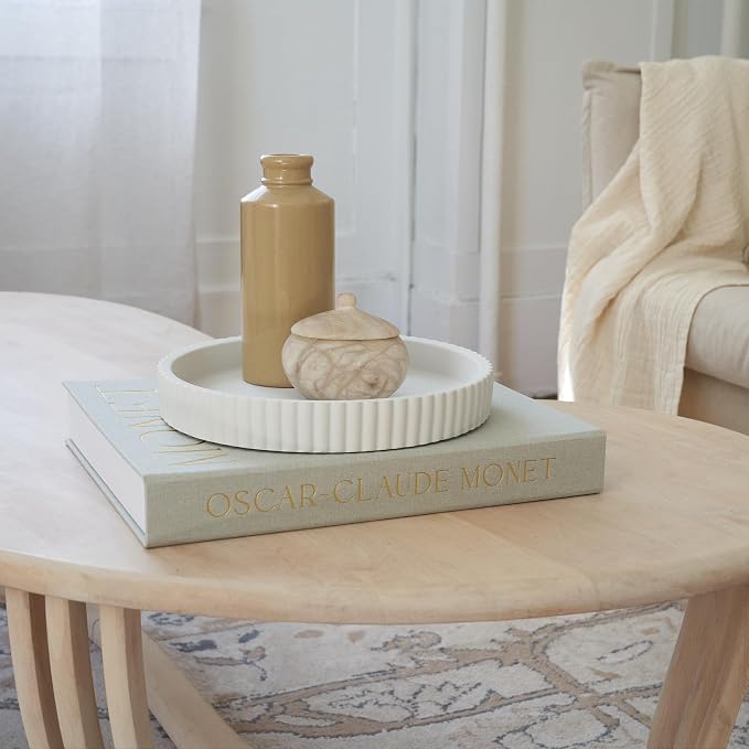 Decorative Concrete Tray & Book Decor Set - Scalloped Tray & Linen Box Enhance Your Coffee Table or Bookshelf Decor - Stylish Home Decoration for Your Living or Dining Room & as a Housewarming Gift - Image 6